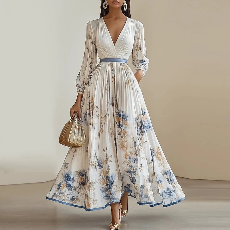 2025 Spring Long Sleeve Boho Maxi Dress Woman Elegant Floral Print A-Line Pleated Dresses Sexy Deep V Neck High Waist Long Dress