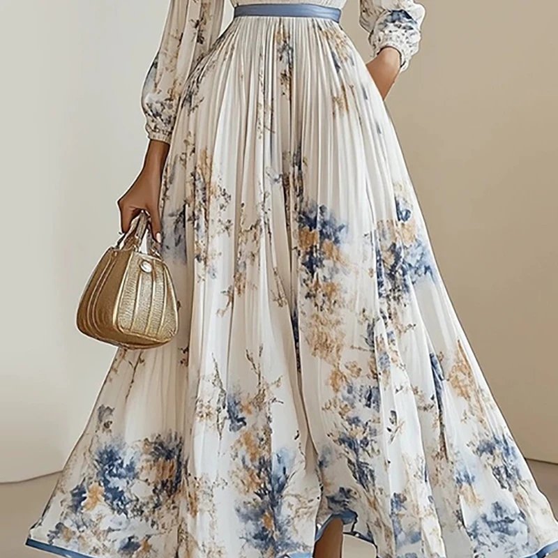 2025 Spring Long Sleeve Boho Maxi Dress Woman Elegant Floral Print A-Line Pleated Dresses Sexy Deep V Neck High Waist Long Dress