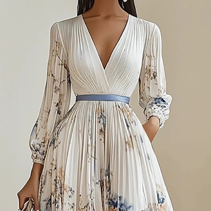 2025 Spring Long Sleeve Boho Maxi Dress Woman Elegant Floral Print A-Line Pleated Dresses Sexy Deep V Neck High Waist Long Dress