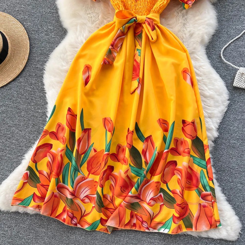 YuooMuoo Fashion Summer Flower Print Long Dress Women Vintage Square Neck Ruched Chest Sash Bandage Sundress Party Vestidos