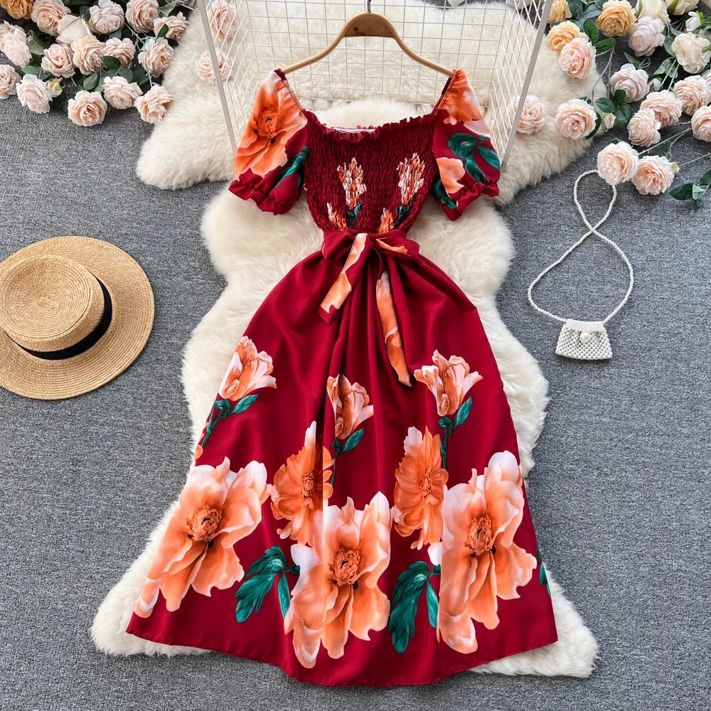 YuooMuoo Fashion Summer Flower Print Long Dress Women Vintage Square Neck Ruched Chest Sash Bandage Sundress Party Vestidos