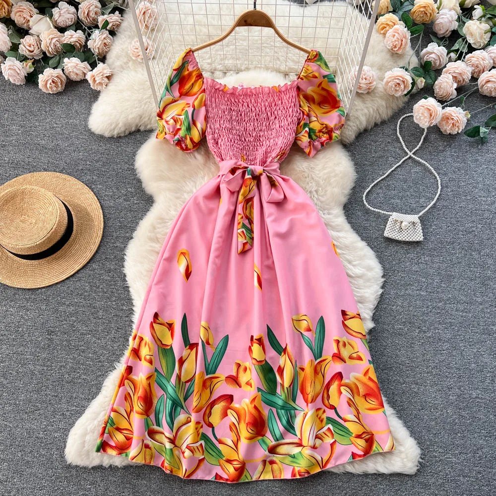 YuooMuoo Fashion Summer Flower Print Long Dress Women Vintage Square Neck Ruched Chest Sash Bandage Sundress Party Vestidos