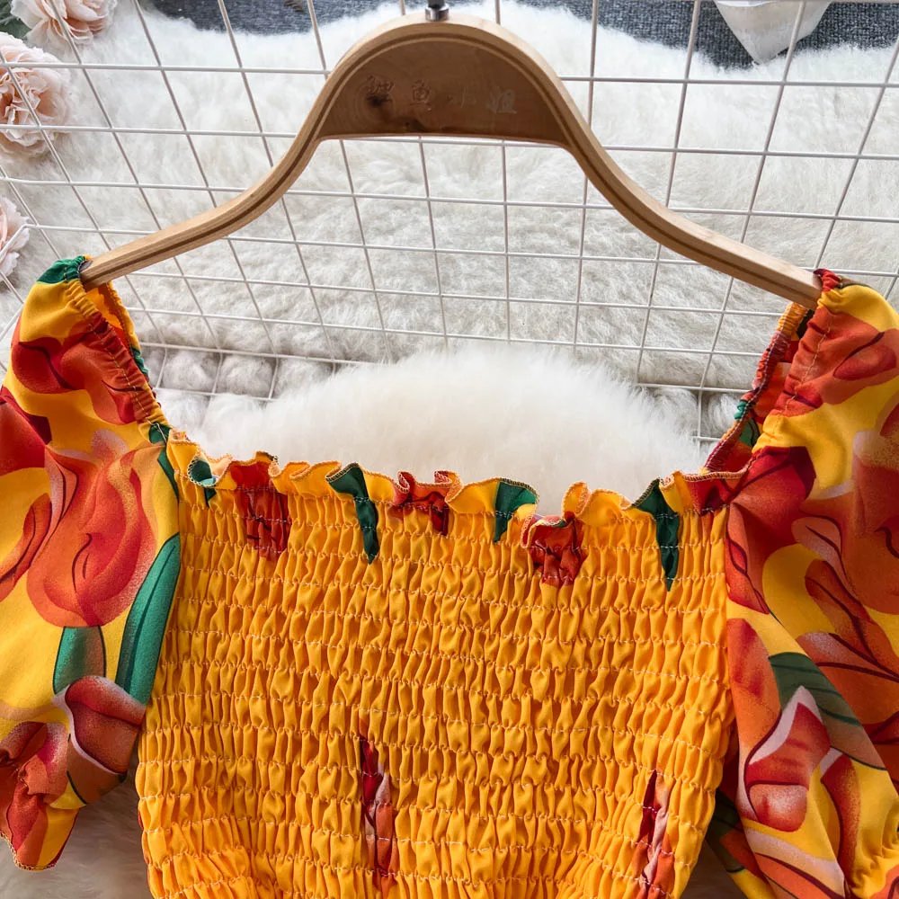 YuooMuoo Fashion Summer Flower Print Long Dress Women Vintage Square Neck Ruched Chest Sash Bandage Sundress Party Vestidos