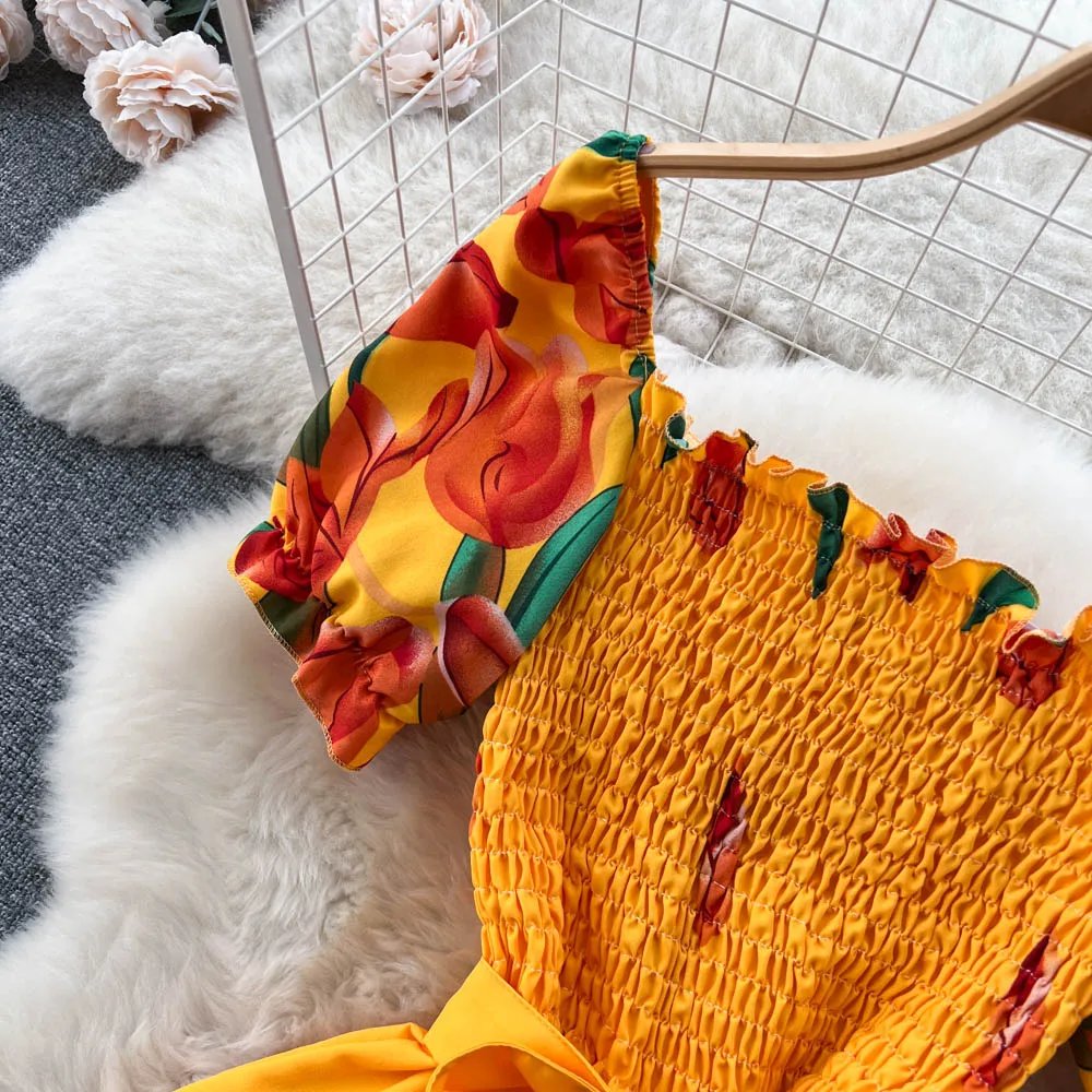 YuooMuoo Fashion Summer Flower Print Long Dress Women Vintage Square Neck Ruched Chest Sash Bandage Sundress Party Vestidos