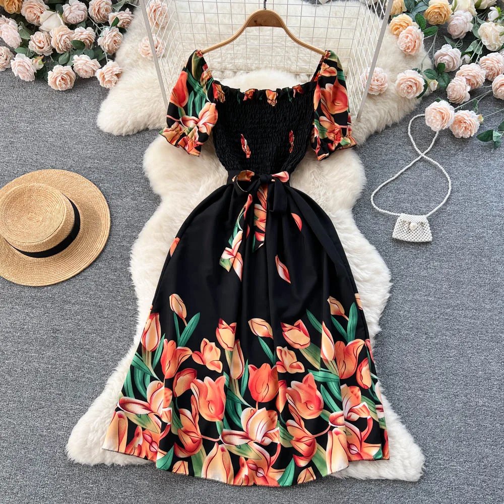 YuooMuoo Fashion Summer Flower Print Long Dress Women Vintage Square Neck Ruched Chest Sash Bandage Sundress Party Vestidos