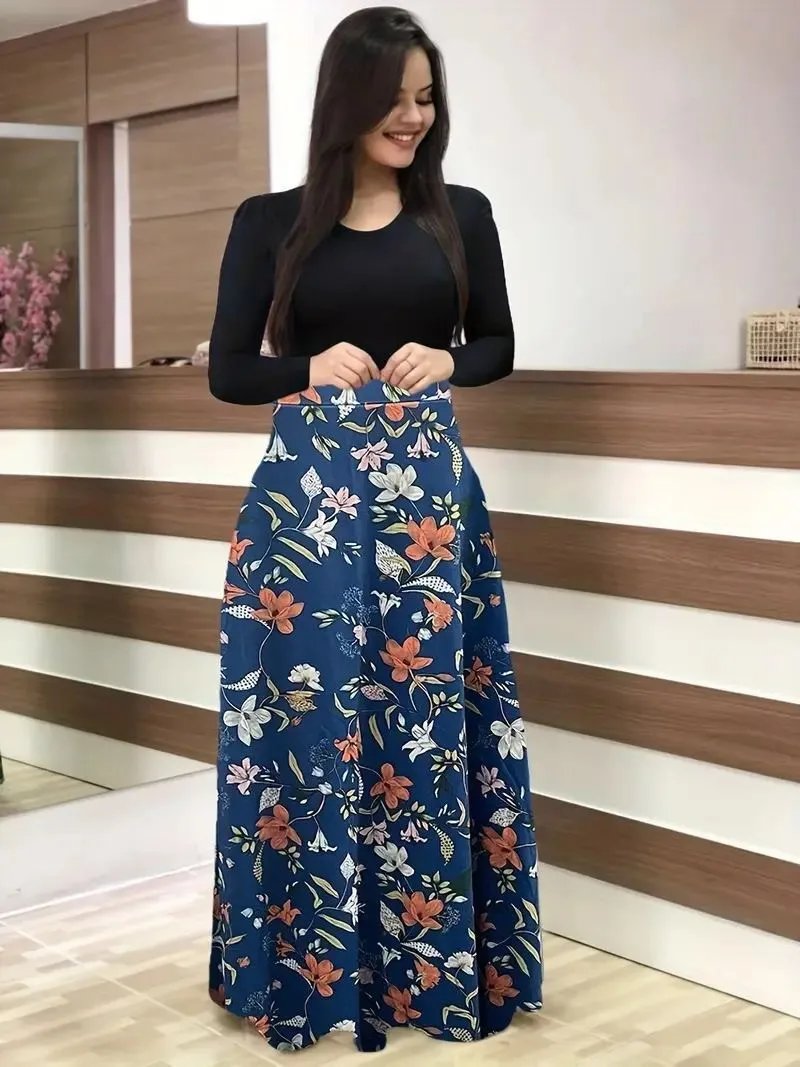 New flower print color blocked long sleeved dress for 2025