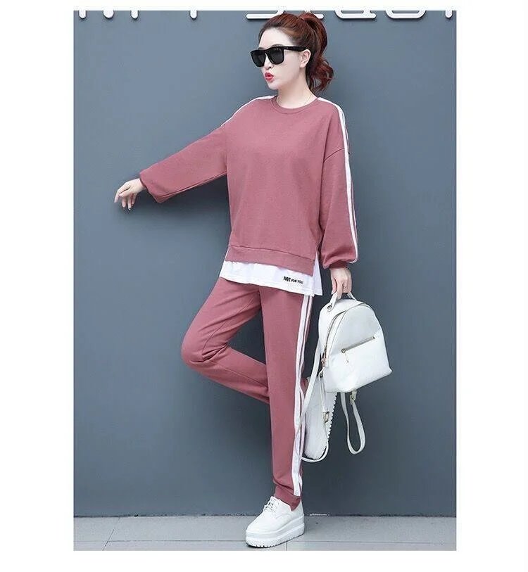 Women's Large Sweat Suit 2025 Spring Autumn New Plus Size Clothing Elegant Fashion Tops T-shirt Pants 2 Two Piece Sets For Women