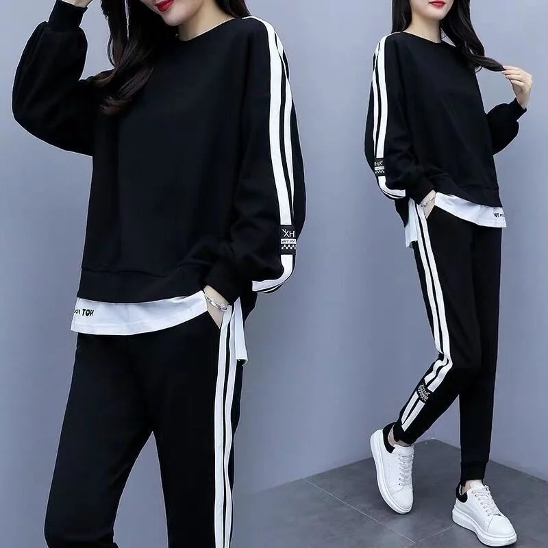 Women's Large Sweat Suit 2025 Spring Autumn New Plus Size Clothing Elegant Fashion Tops T-shirt Pants 2 Two Piece Sets For Women