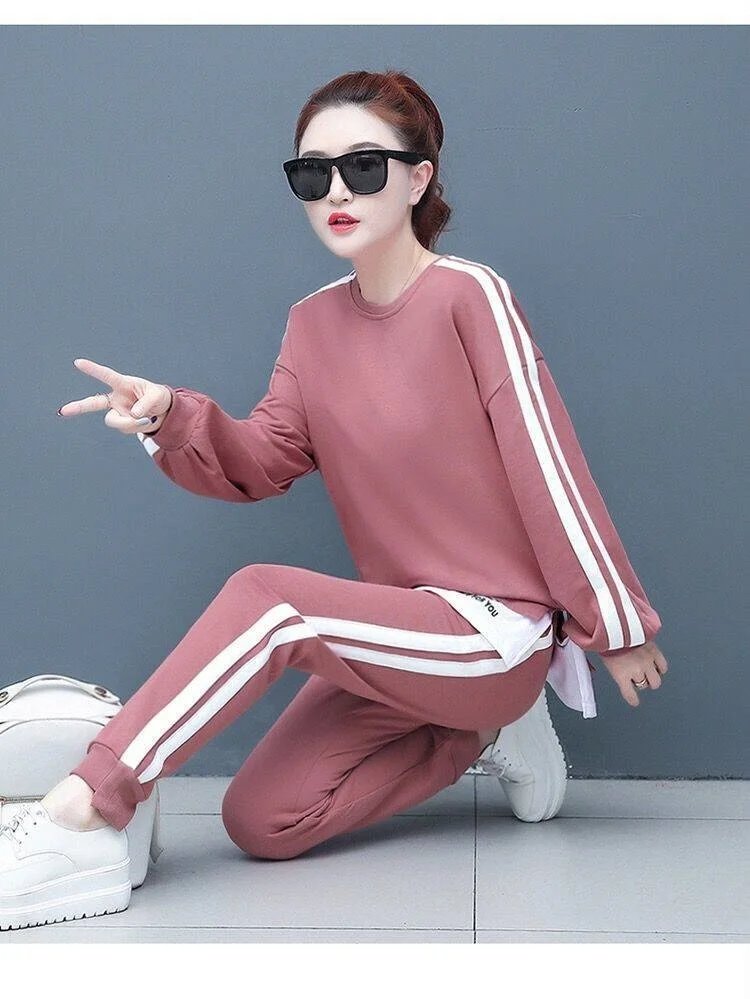 Women's Large Sweat Suit 2025 Spring Autumn New Plus Size Clothing Elegant Fashion Tops T-shirt Pants 2 Two Piece Sets For Women