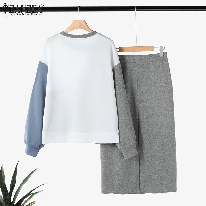 ZANZEA 2pcs Casual Outfits Autumn Dress Sets Women Spring Long Sleeve Tops Sundress Matching Sets Patchwork Blouse Skirts Suit