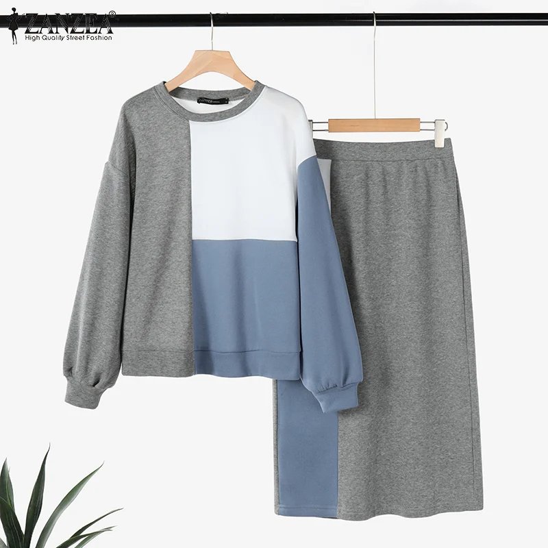 ZANZEA 2pcs Casual Outfits Autumn Dress Sets Women Spring Long Sleeve Tops Sundress Matching Sets Patchwork Blouse Skirts Suit