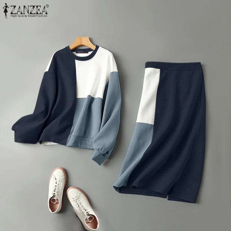 ZANZEA 2pcs Casual Outfits Autumn Dress Sets Women Spring Long Sleeve Tops Sundress Matching Sets Patchwork Blouse Skirts Suit