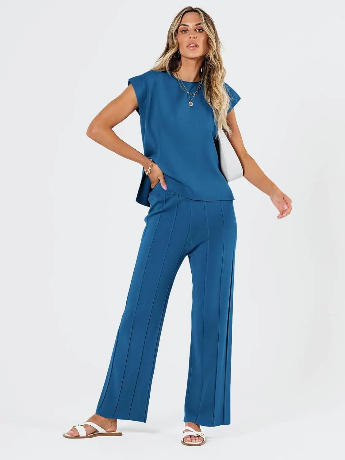 2024 European And American Spring And Summer Women's Knitted Casual Suit Sleeveless Vest + Wide Leg Pants Two-piece Set