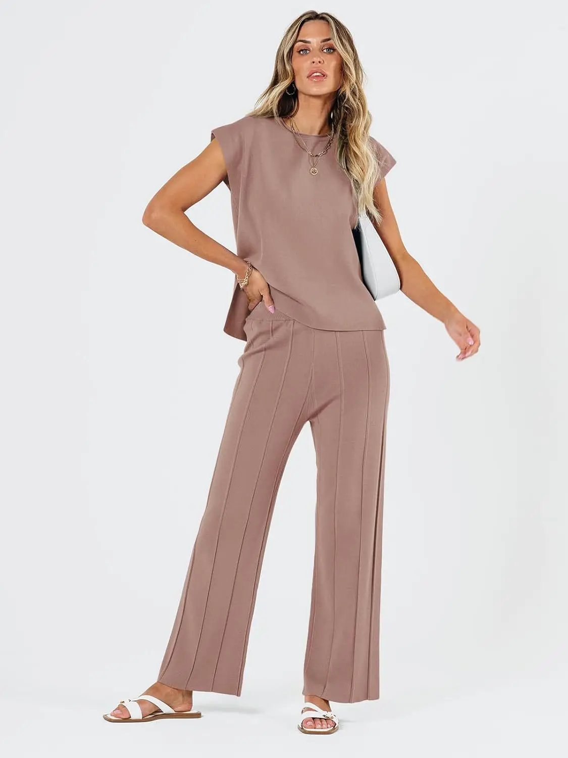 2024 European And American Spring And Summer Women's Knitted Casual Suit Sleeveless Vest + Wide Leg Pants Two-piece Set