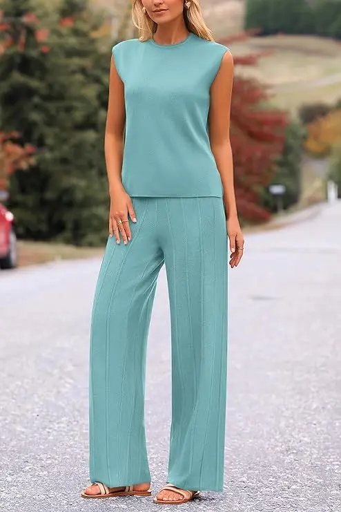 2024 European And American Spring And Summer Women's Knitted Casual Suit Sleeveless Vest + Wide Leg Pants Two-piece Set