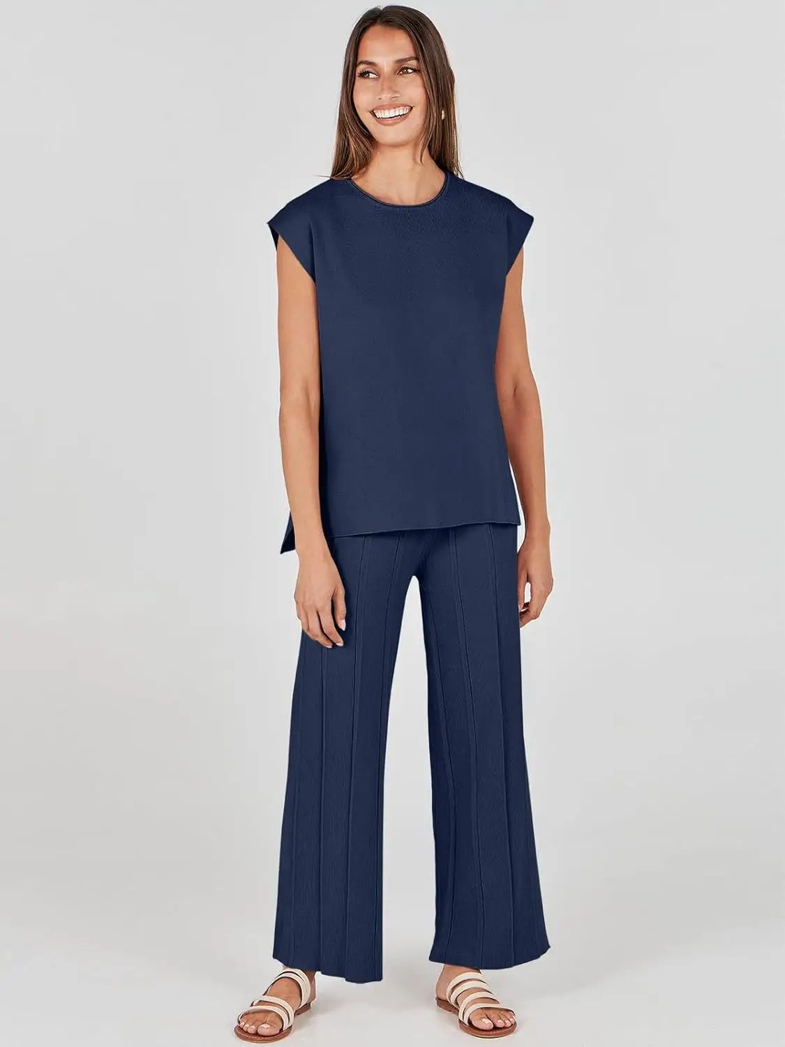 2024 European And American Spring And Summer Women's Knitted Casual Suit Sleeveless Vest + Wide Leg Pants Two-piece Set