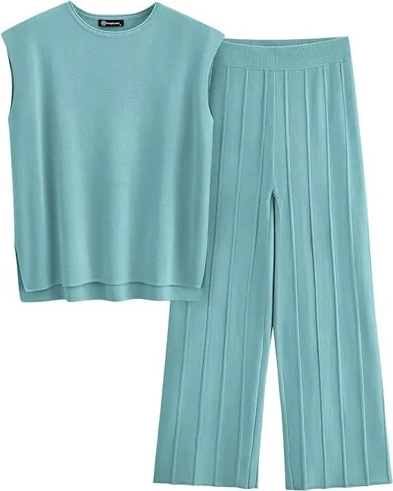 2024 European And American Spring And Summer Women's Knitted Casual Suit Sleeveless Vest + Wide Leg Pants Two-piece Set