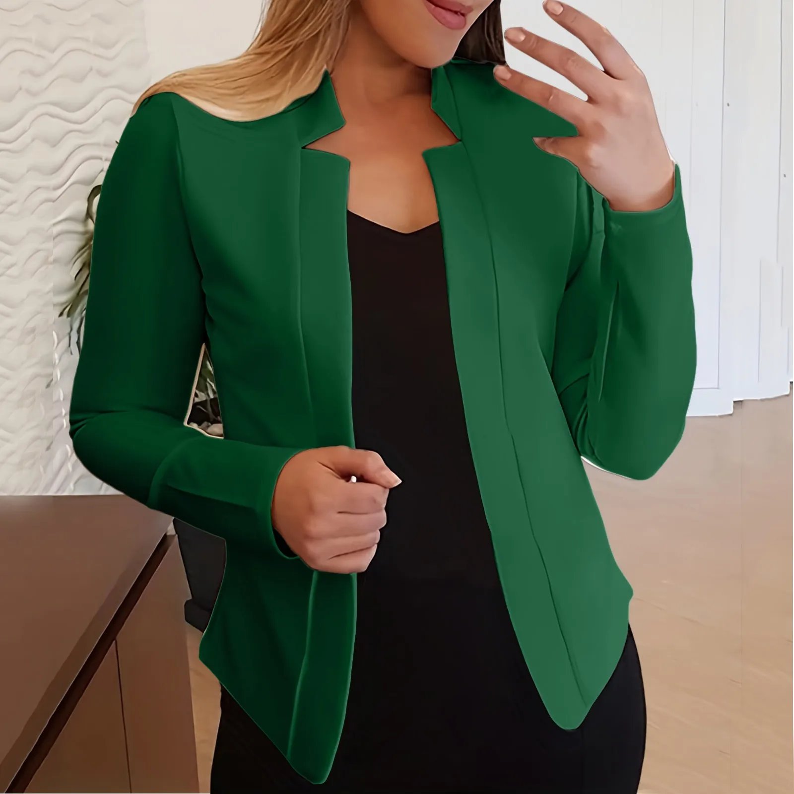 Solid Open Front Elegant Suit Jacket Woman Long Sleeve Work Office Outerwear Notched Neck Slim Cropped Women’S Jacket 2023 Solid Open Front Elegant Suit Jacket Woman Long Sleeve Work Office Outerwear Notched Neck Slim Cropped Women'S Jacket 2023