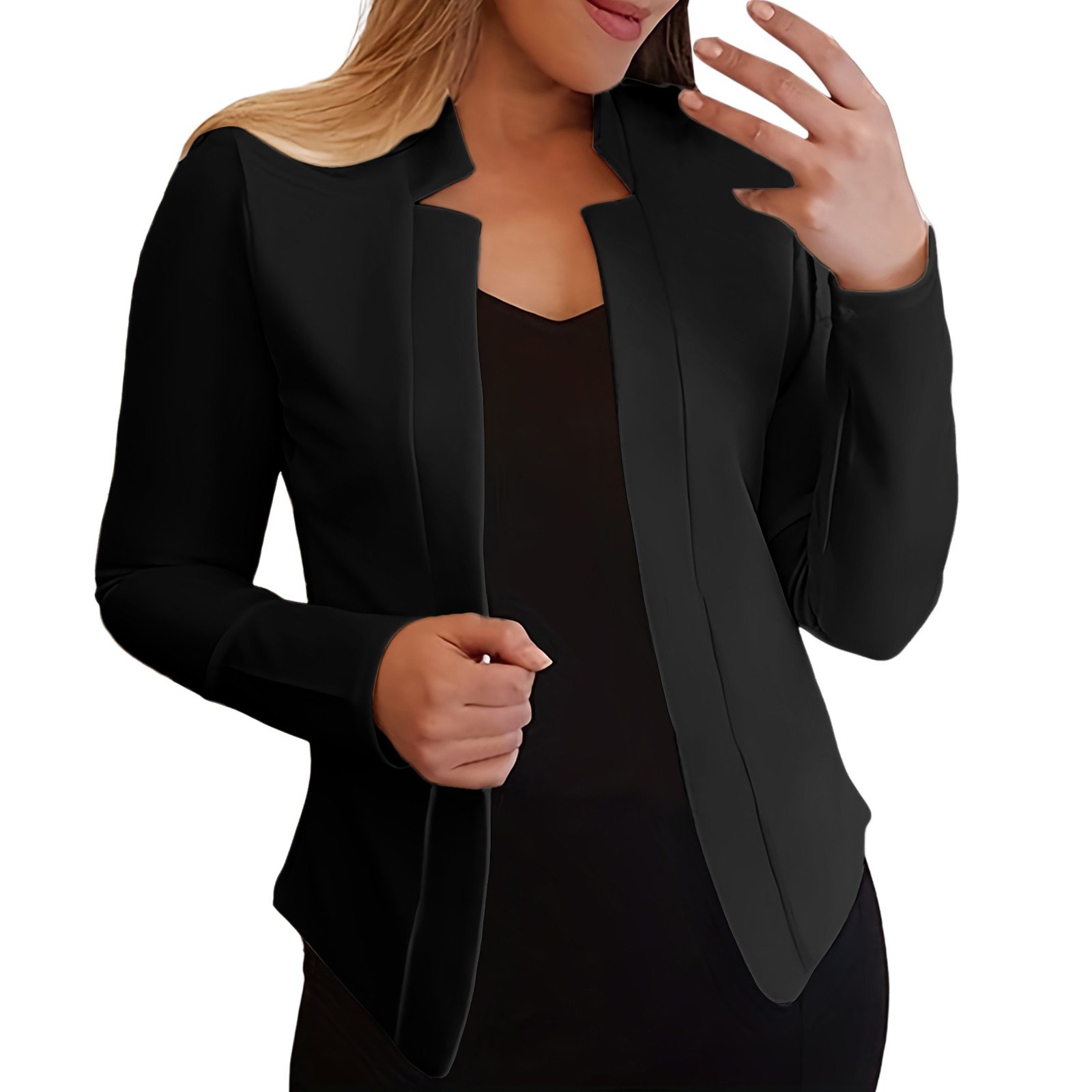 Solid Open Front Elegant Suit Jacket Woman Long Sleeve Work Office Outerwear Notched Neck Slim Cropped Women'S Jacket 2023