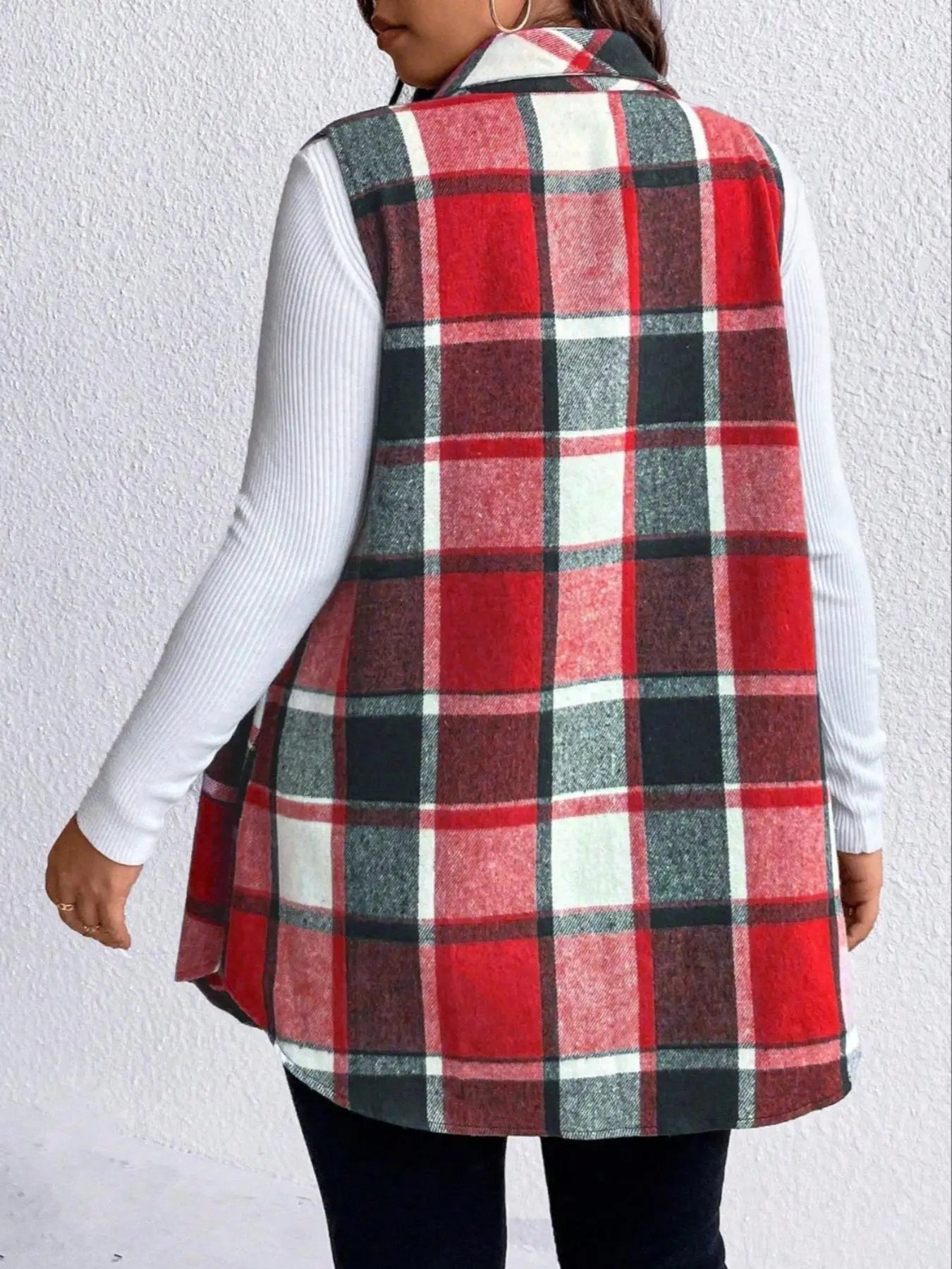 Women Plus Size 1XL-5XL Plaid Print Flap Detail Sleeveless Coat Ladies Fashion Sleeveless Thick Thermal Vest Women Outwear