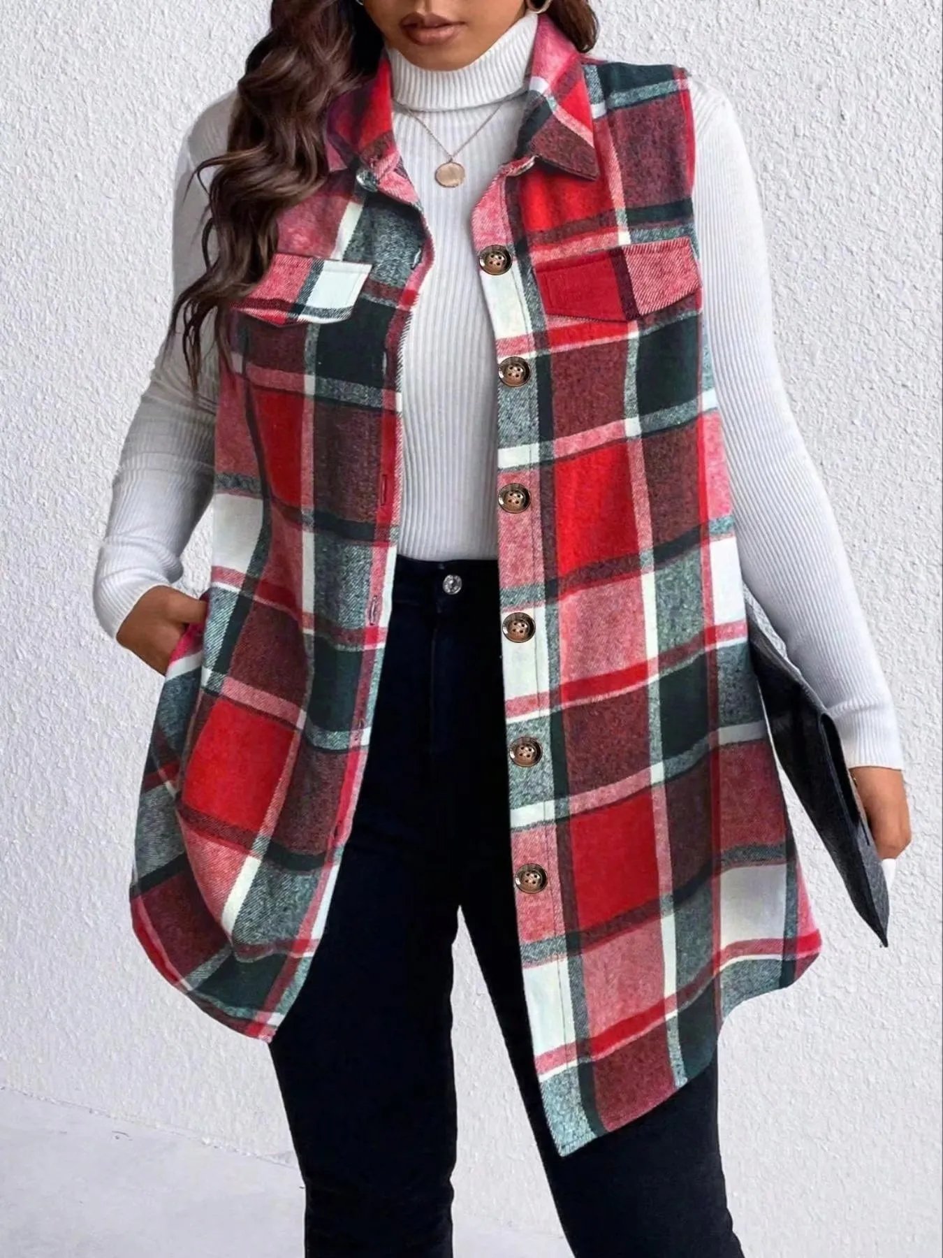 Women Plus Size 1XL-5XL Plaid Print Flap Detail Sleeveless Coat Ladies Fashion Sleeveless Thick Thermal Vest Women Outwear