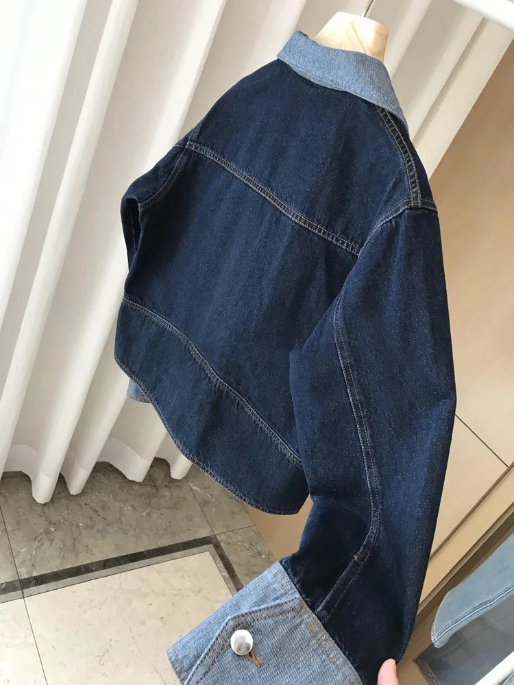 Retro Patchwork Denim Jacket For Women Spring Autumn Lapel Long Sleeved Casual Short Overcoat Female Pocket Loose Outerwears