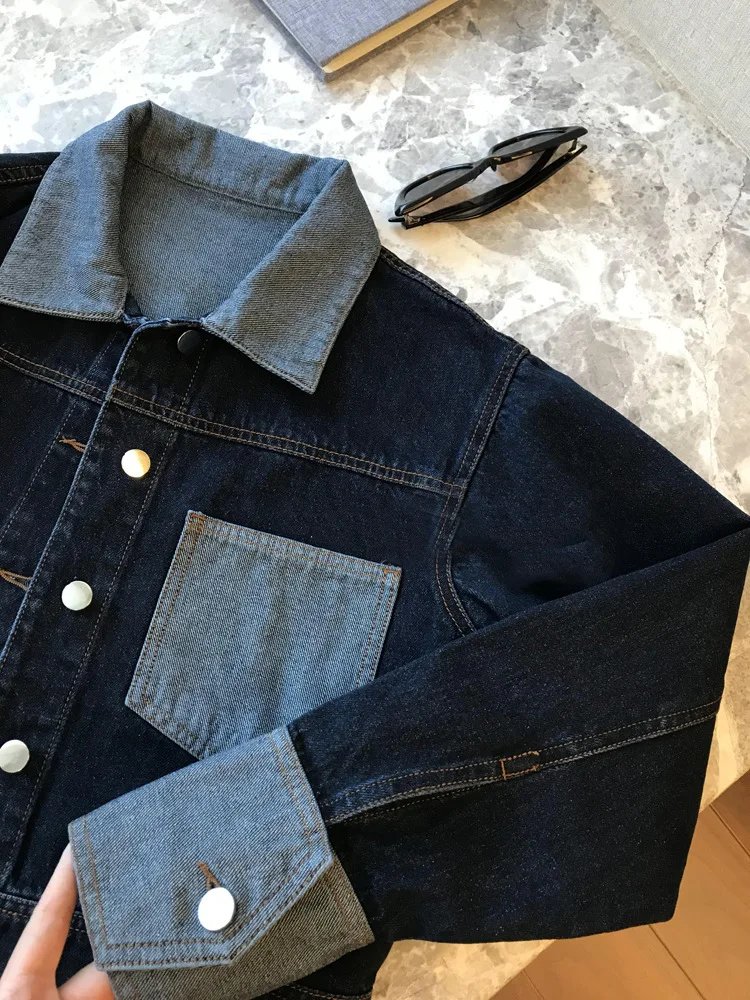 Retro Patchwork Denim Jacket For Women Spring Autumn Lapel Long Sleeved Casual Short Overcoat Female Pocket Loose Outerwears