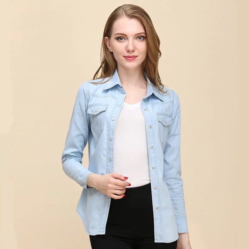 Autumn 2024 New Denim Shirts And Blouse For Women Korean Style Long Sleeve Top Blue Or Sky Blue Color Jeans Elegant Blouses Autumn 2024 New Denim Shirts And Blouse For Women Korean Style Long Sleeve Top Blue Or Sky Blue Color Jeans Elegant Blouses