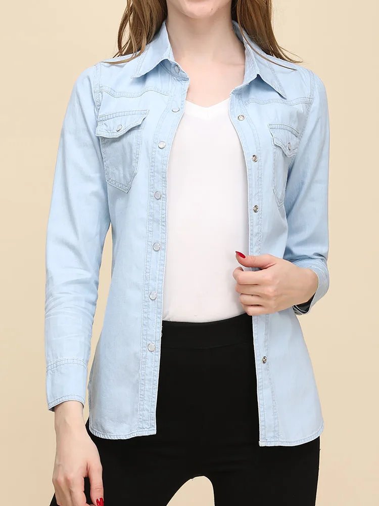 Autumn 2024 New Denim Shirts And Blouse For Women Korean Style Long Sleeve Top Blue Or Sky Blue Color Jeans Elegant Blouses Autumn 2024 New Denim Shirts And Blouse For Women Korean Style Long Sleeve Top Blue Or Sky Blue Color Jeans Elegant Blouses