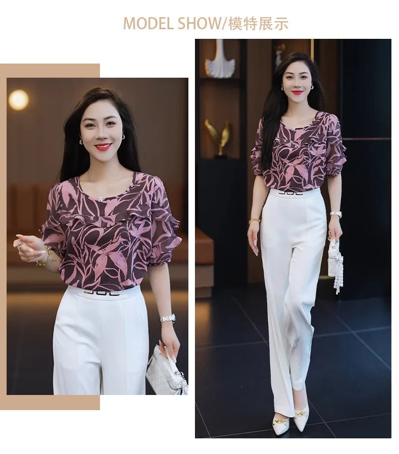 Fashion Brand Women's Half-sleeved Pullover Chiffon Shirt, 2025 Summer New Loose Simple Versatile Thin Round Neck Shirts