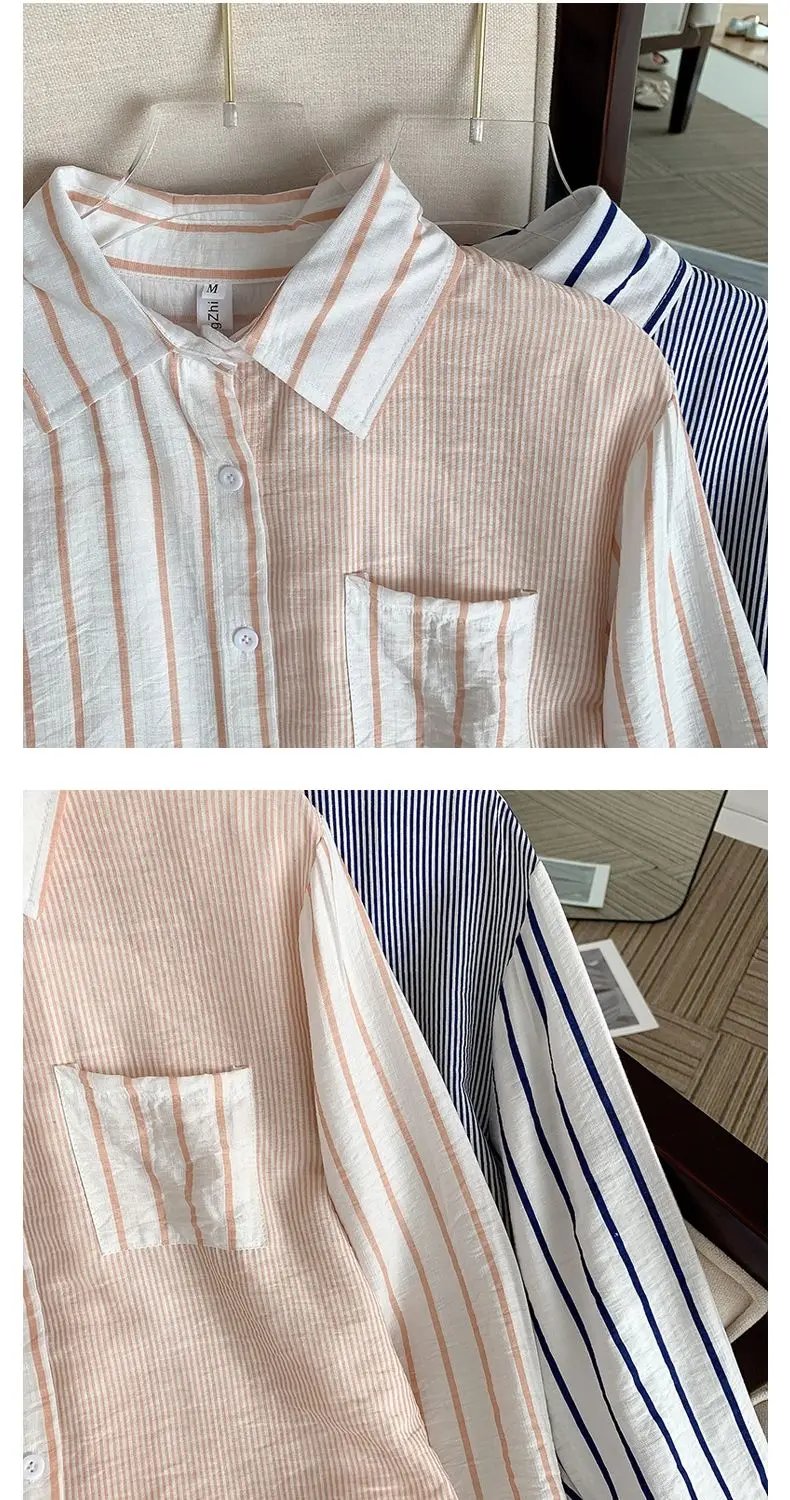 Summer Trendy Loose Casual Striped Patchwork Pocket Office Lady Sweet Top Shirt And Blouses New In Clothes For Women's Pink Ins