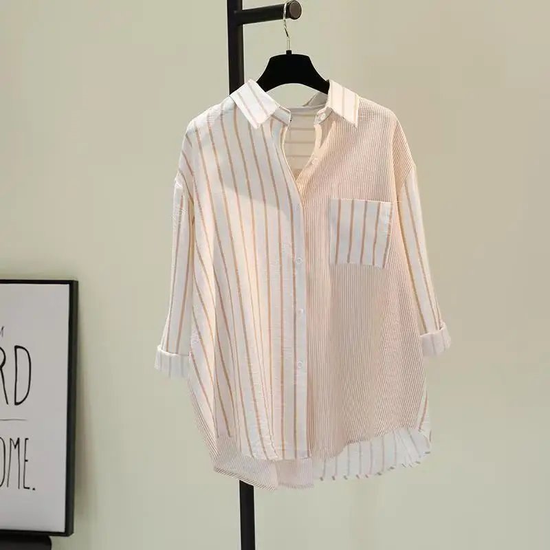 Summer Trendy Loose Casual Striped Patchwork Pocket Office Lady Sweet Top Shirt And Blouses New In Clothes For Women's Pink Ins