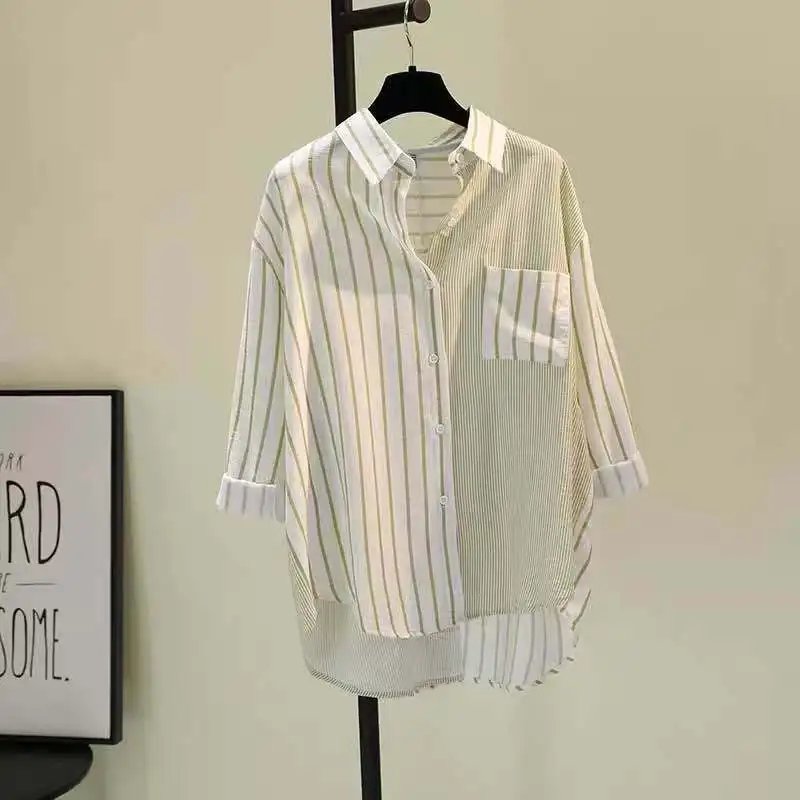 Summer Trendy Loose Casual Striped Patchwork Pocket Office Lady Sweet Top Shirt And Blouses New In Clothes For Women's Pink Ins