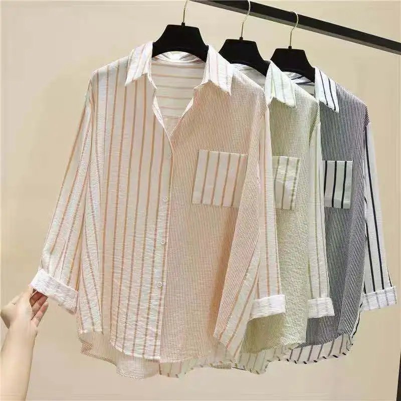 Summer Trendy Loose Casual Striped Patchwork Pocket Office Lady Sweet Top Shirt And Blouses New In Clothes For Women's Pink Ins