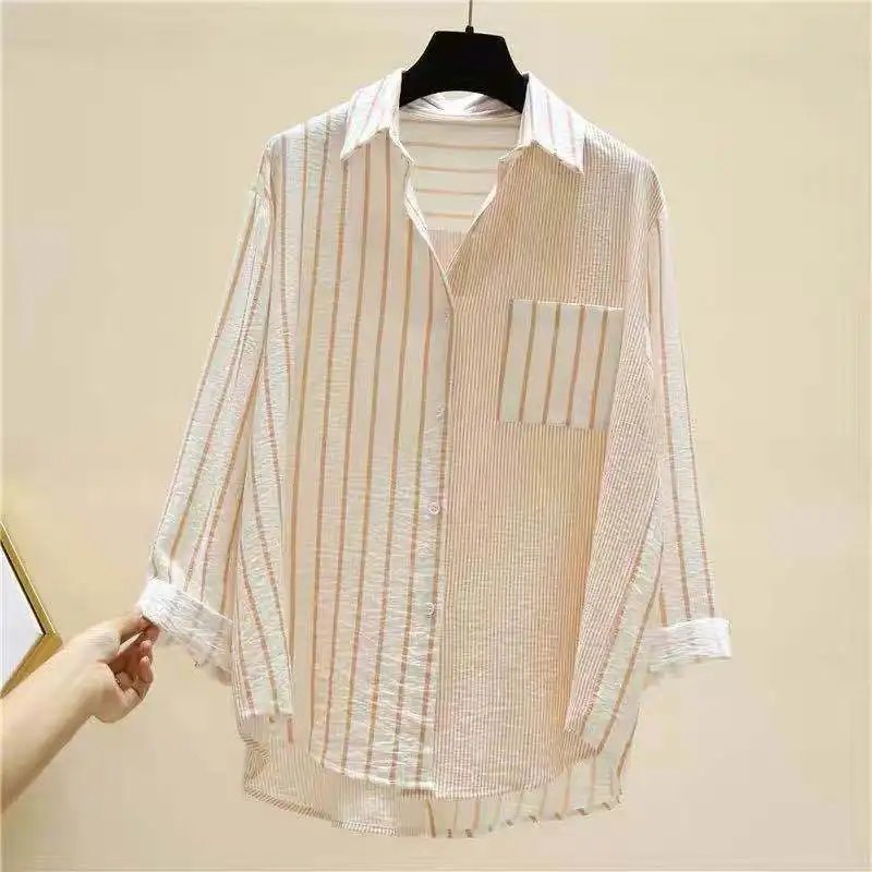 Summer Trendy Loose Casual Striped Patchwork Pocket Office Lady Sweet Top Shirt And Blouses New In Clothes For Women's Pink Ins