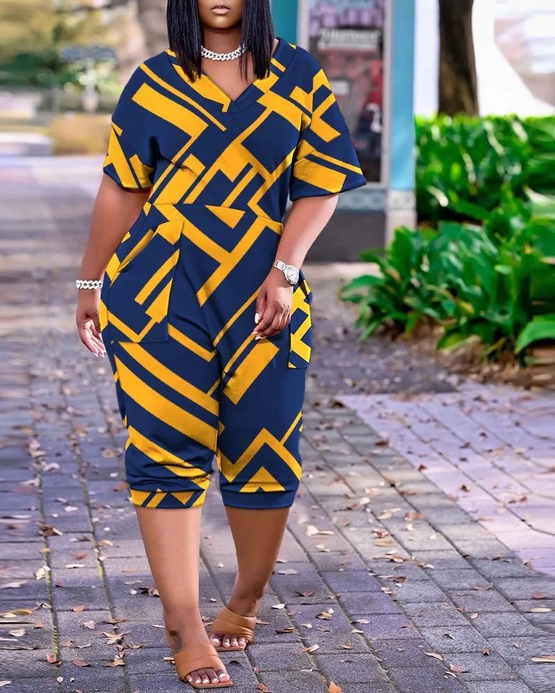 Plus size European and American cross-border summer loose V-neck stitched patch pocket print jumpsuit
