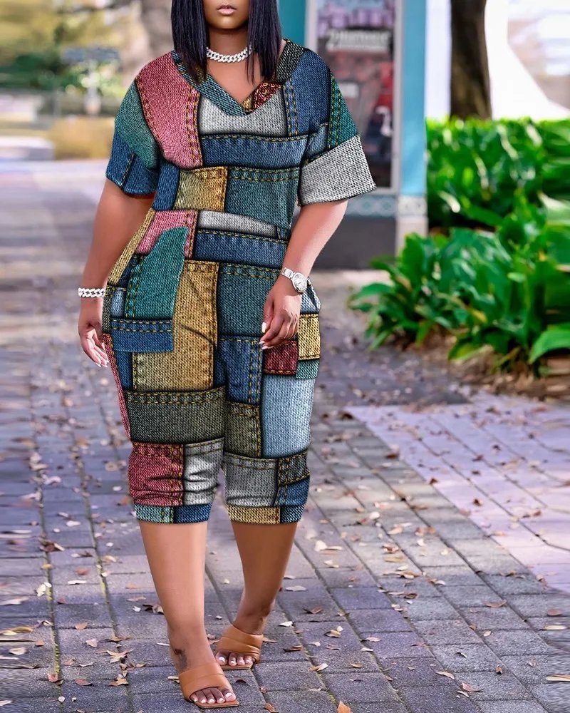 Plus size European and American cross-border summer loose V-neck stitched patch pocket print jumpsuit