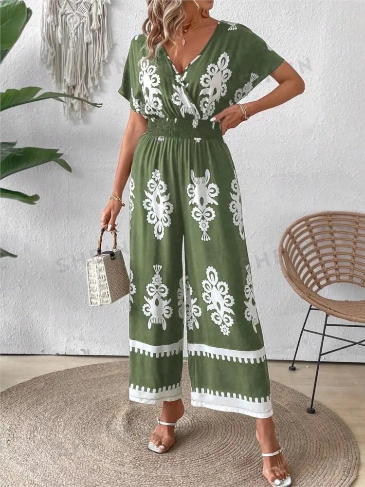 Women Boho Print Jumpsuit Fashion Sexy V-Neck Short Sleeve High Waist Wide Leg Pants Jumpsuits Lady Summer Womens Clothing