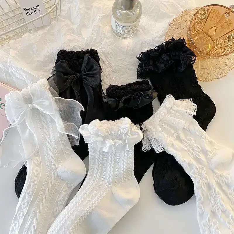 3 Pairs Black White Lace Bow Socks Lolita Mix Style Short Socks Girl Cute Japanese JK Sockings Mid-tube Princess Cotton Hosiery