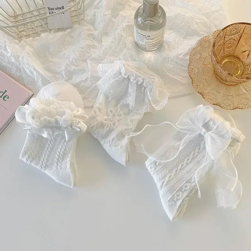 3 Pairs Black White Lace Bow Socks Lolita Mix Style Short Socks Girl Cute Japanese JK Sockings Mid-tube Princess Cotton Hosiery