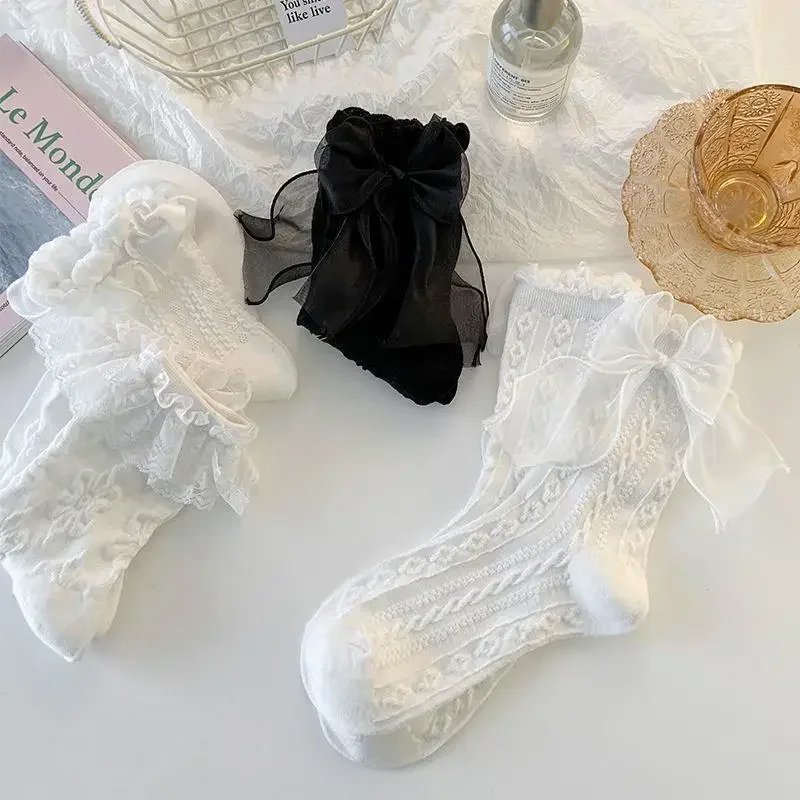 3 Pairs Black White Lace Bow Socks Lolita Mix Style Short Socks Girl Cute Japanese JK Sockings Mid-tube Princess Cotton Hosiery