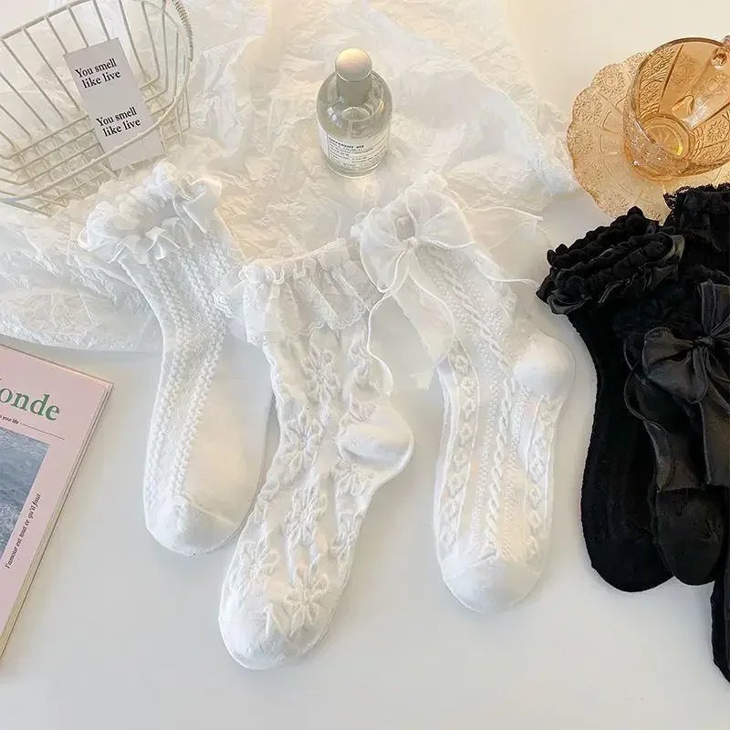 3 Pairs Black White Lace Bow Socks Lolita Mix Style Short Socks Girl Cute Japanese JK Sockings Mid-tube Princess Cotton Hosiery