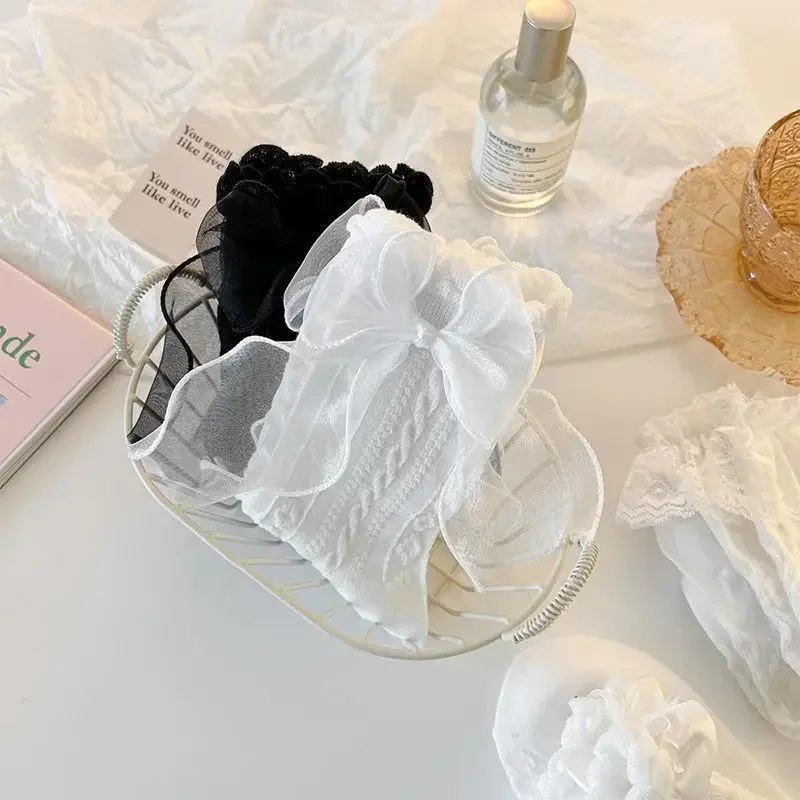 3 Pairs Black White Lace Bow Socks Lolita Mix Style Short Socks Girl Cute Japanese JK Sockings Mid-tube Princess Cotton Hosiery