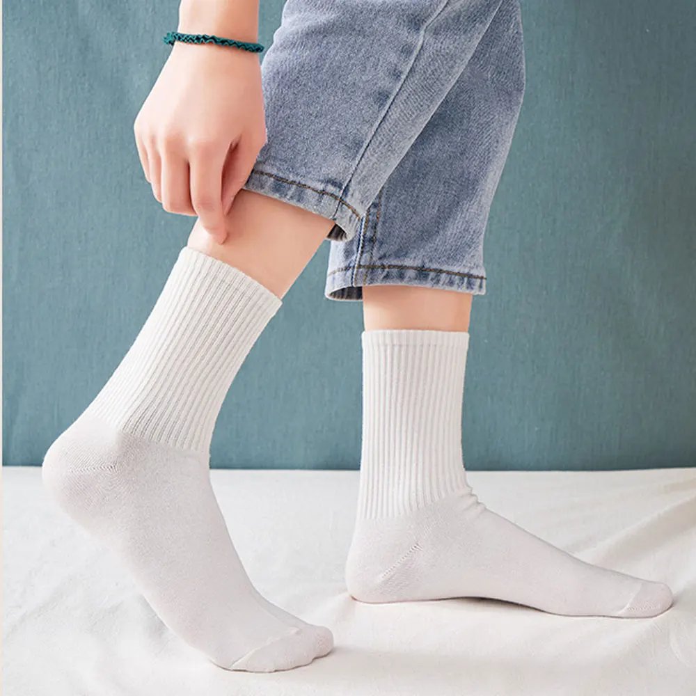 5 Pairs Women White Socks Cotton Harajuku Korean Style Socks For Girl And Boys School Middle Tube Socks