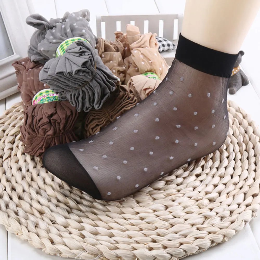 Black Dot Transparent Socks Ultra-thin Elastic Women Crystal Silk Socks Nylon Fashion Ladies Summer Short Ankle Socks