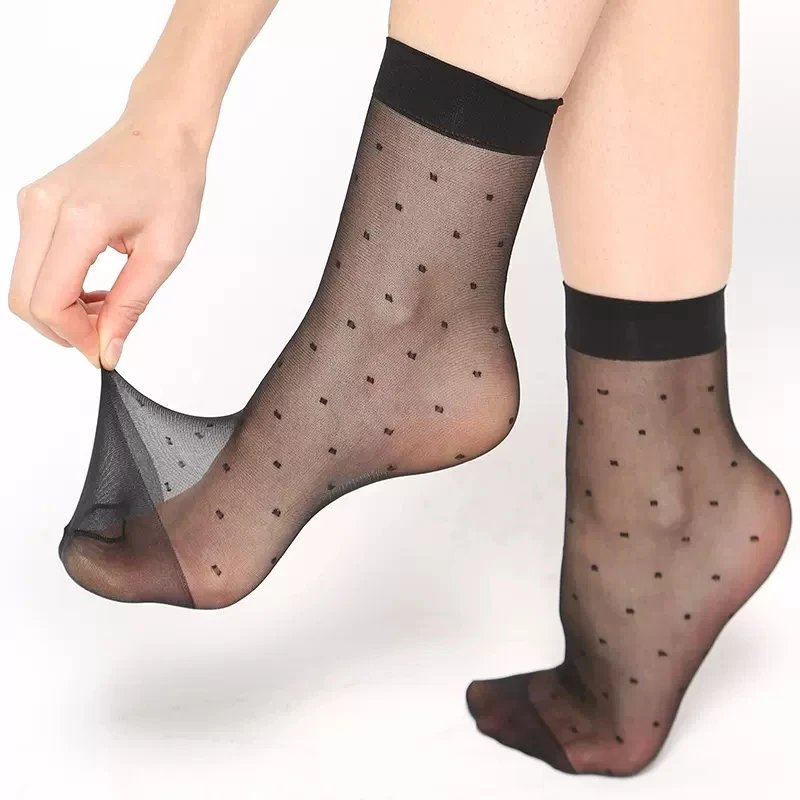 Black Dot Transparent Socks Ultra-thin Elastic Women Crystal Silk Socks Nylon Fashion Ladies Summer Short Ankle Socks