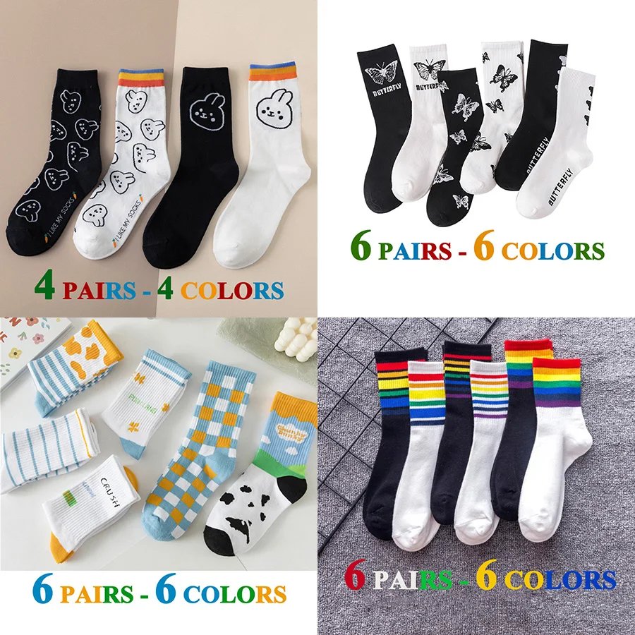 3 Pairs/Lot Cute Socks Women Black White Butterfly Colorful Long Cotton Casual Funny Cartoon Middle Tube Sock Girls Gift