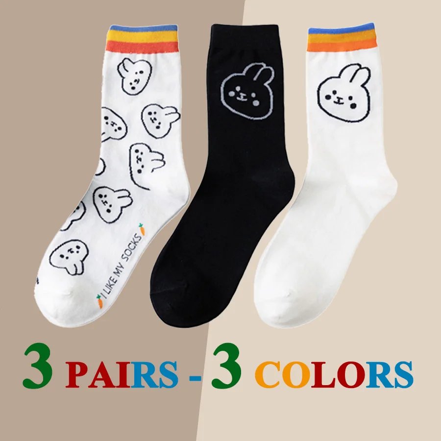 3 Pairs/Lot Cute Socks Women Black White Butterfly Colorful Long Cotton Casual Funny Cartoon Middle Tube Sock Girls Gift