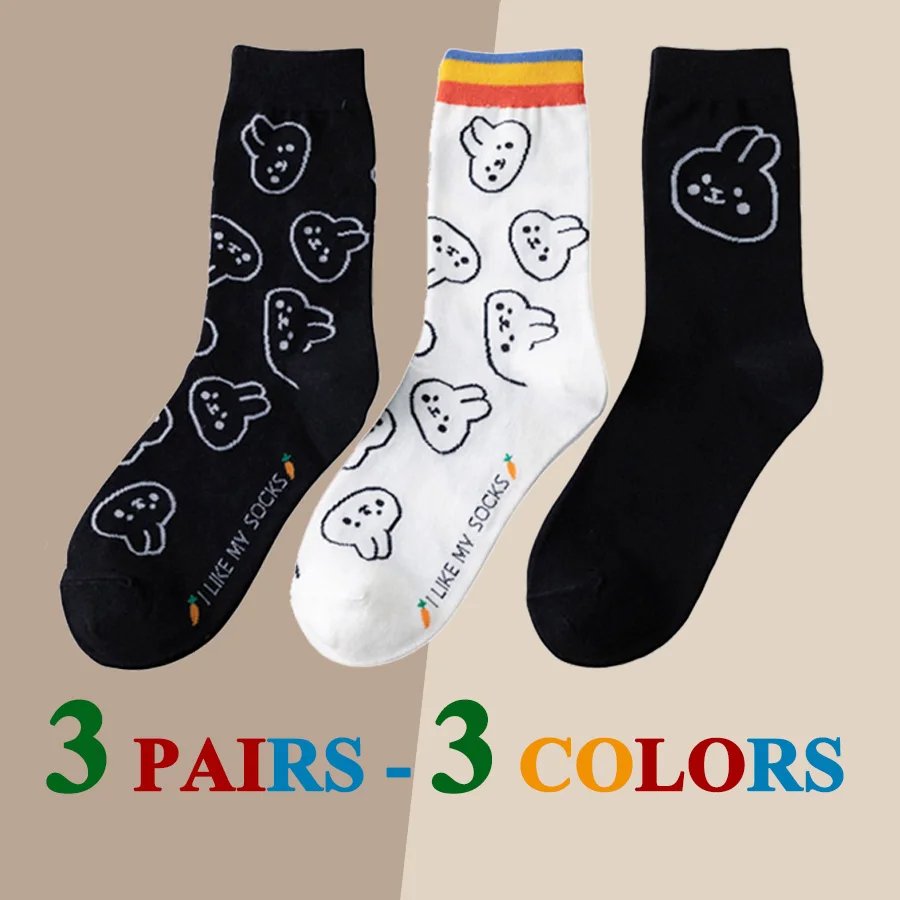 3 Pairs/Lot Cute Socks Women Black White Butterfly Colorful Long Cotton Casual Funny Cartoon Middle Tube Sock Girls Gift