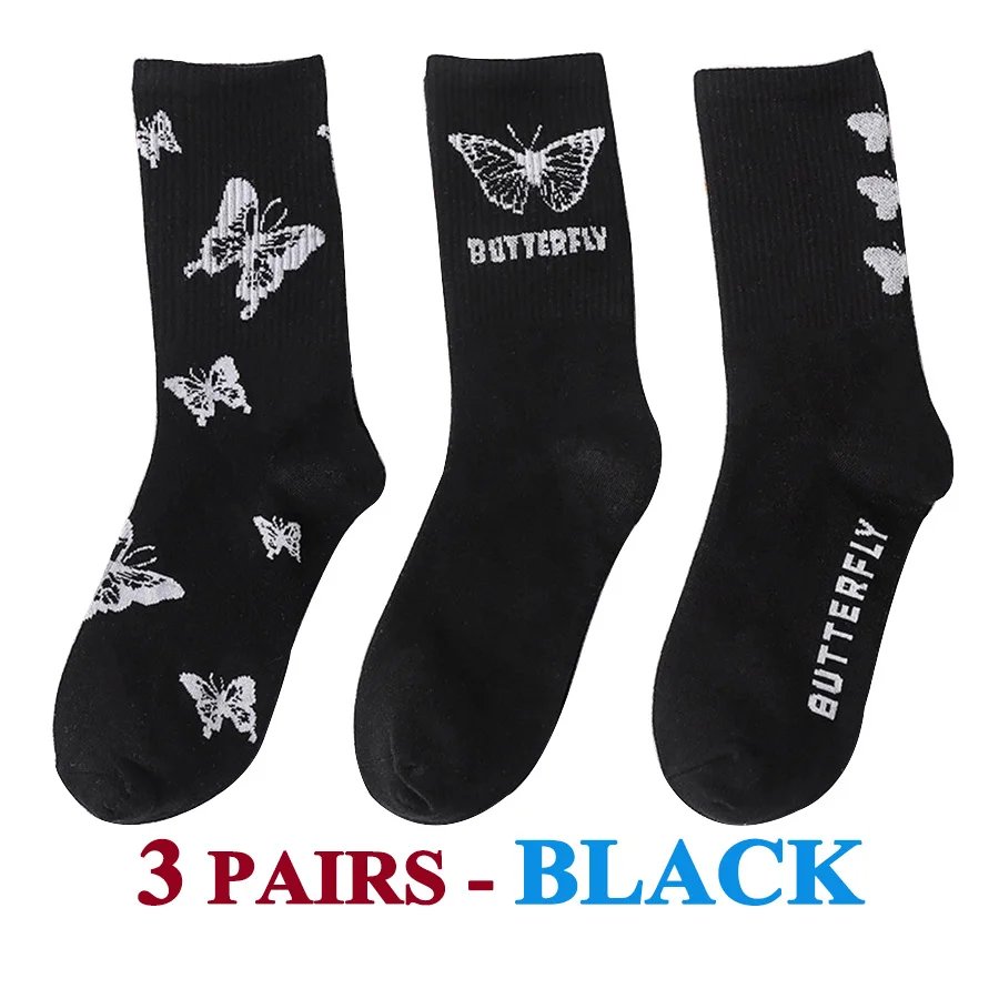 3 Pairs/Lot Cute Socks Women Black White Butterfly Colorful Long Cotton Casual Funny Cartoon Middle Tube Sock Girls Gift